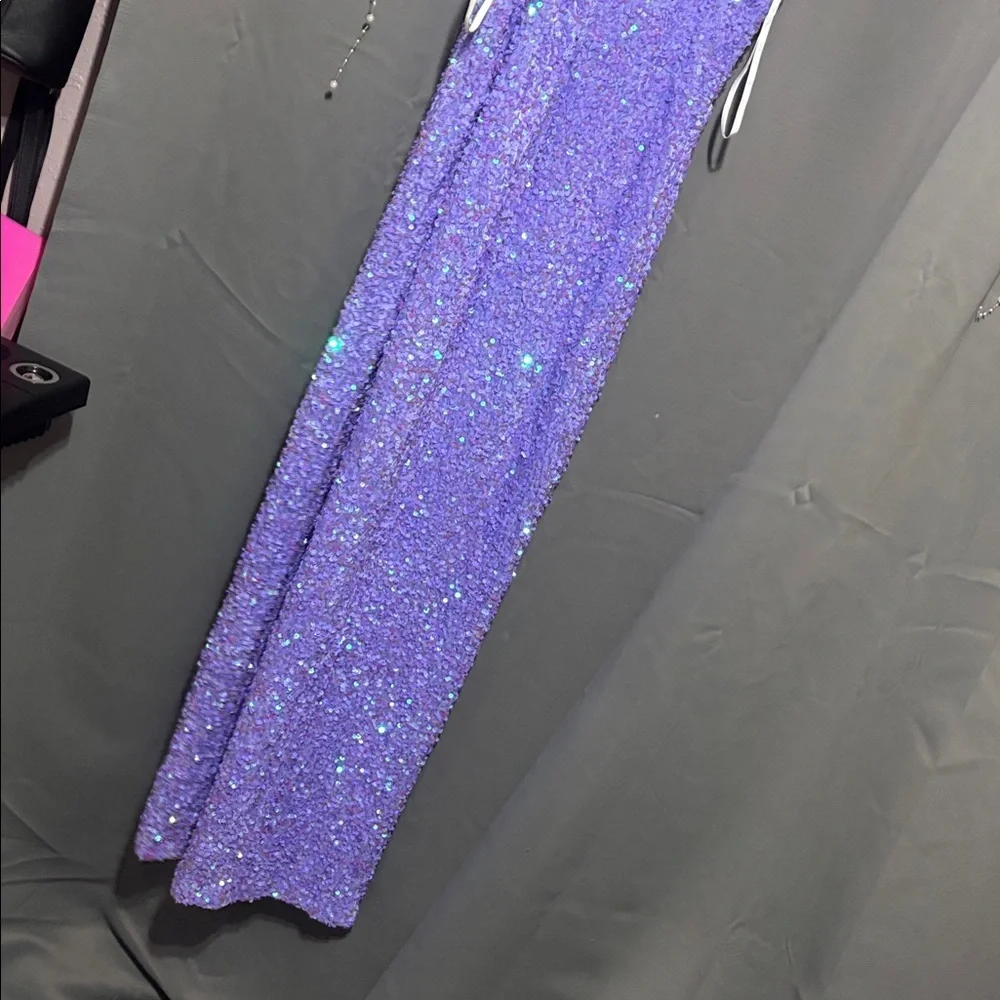 B.Smart Purple Sequin Spaghetti Strap Maxi Dress With V-Neck & Side Slit - Picture 6 of 9